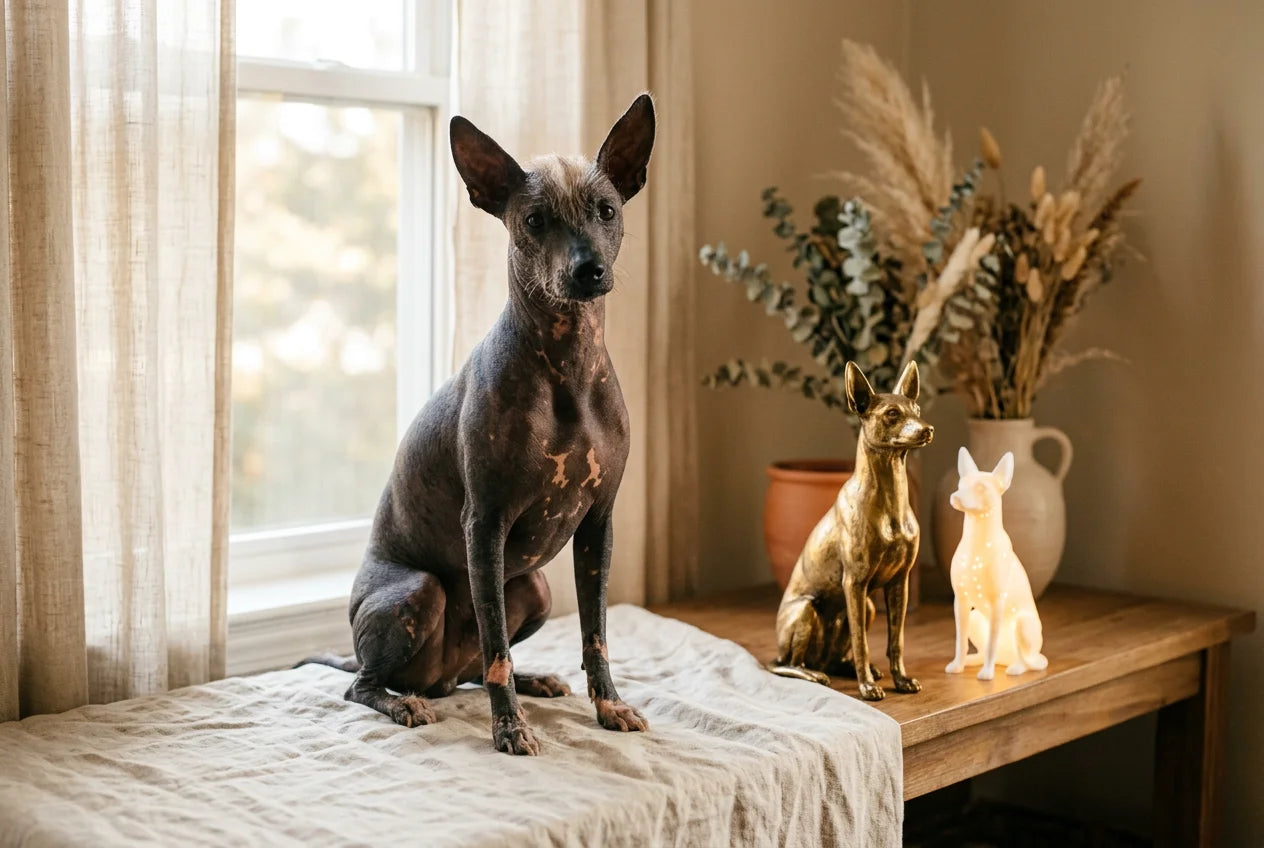 Peruvian Inca Orchid dog in a warm editorial interior with handcrafted sculpture and luminary