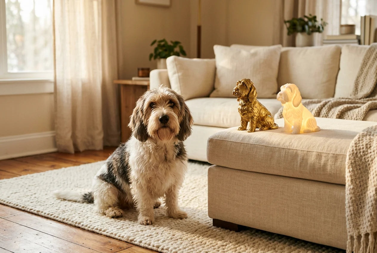 Petit Basset Griffon Vendéen dog in a warm editorial interior with handcrafted sculpture and luminary