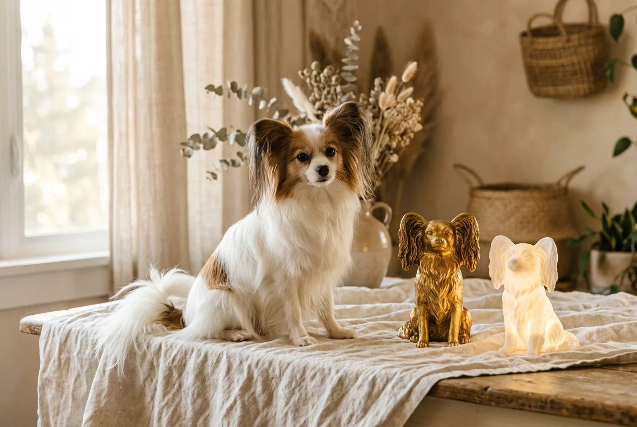 Phalene dog in a warm editorial interior with handcrafted sculpture and luminary