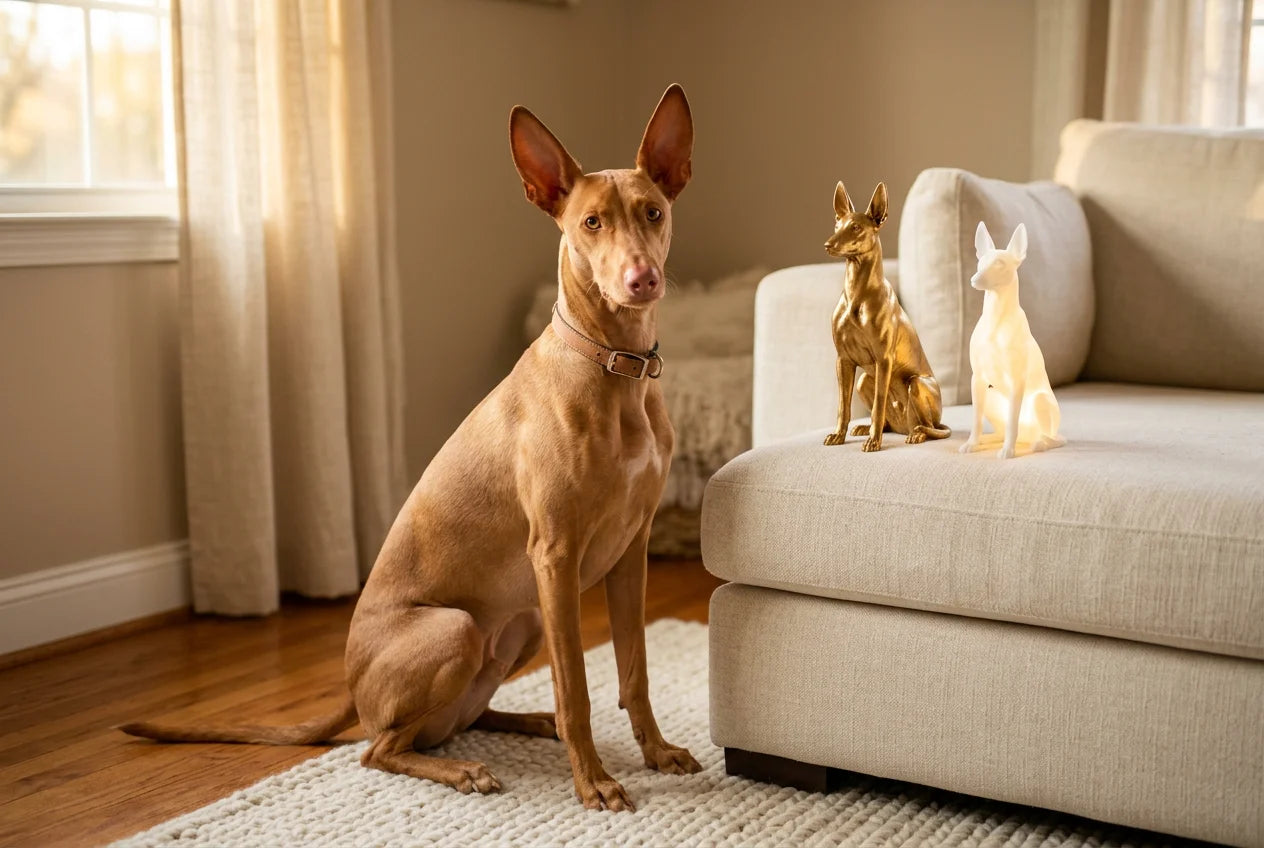 Pharaoh Hound dog in a warm editorial interior with handcrafted sculpture and luminary