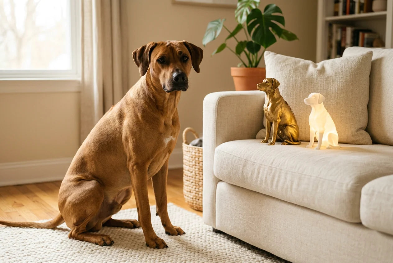 Phu Quoc Ridgeback dog in a warm editorial interior with handcrafted sculpture and luminary