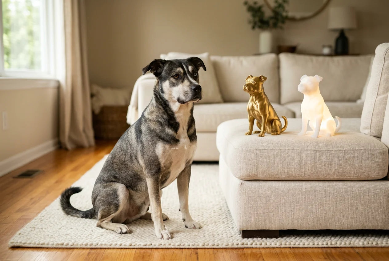 Pitsky dog in a warm editorial interior with handcrafted sculpture and luminary
