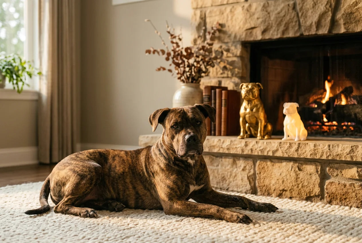 Pitweiler dog in a warm editorial interior with handcrafted sculpture and luminary