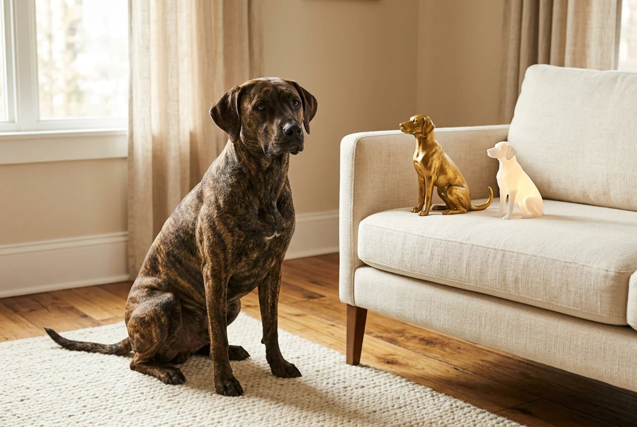 Plott Hound dog in a warm editorial interior with handcrafted sculpture and luminary