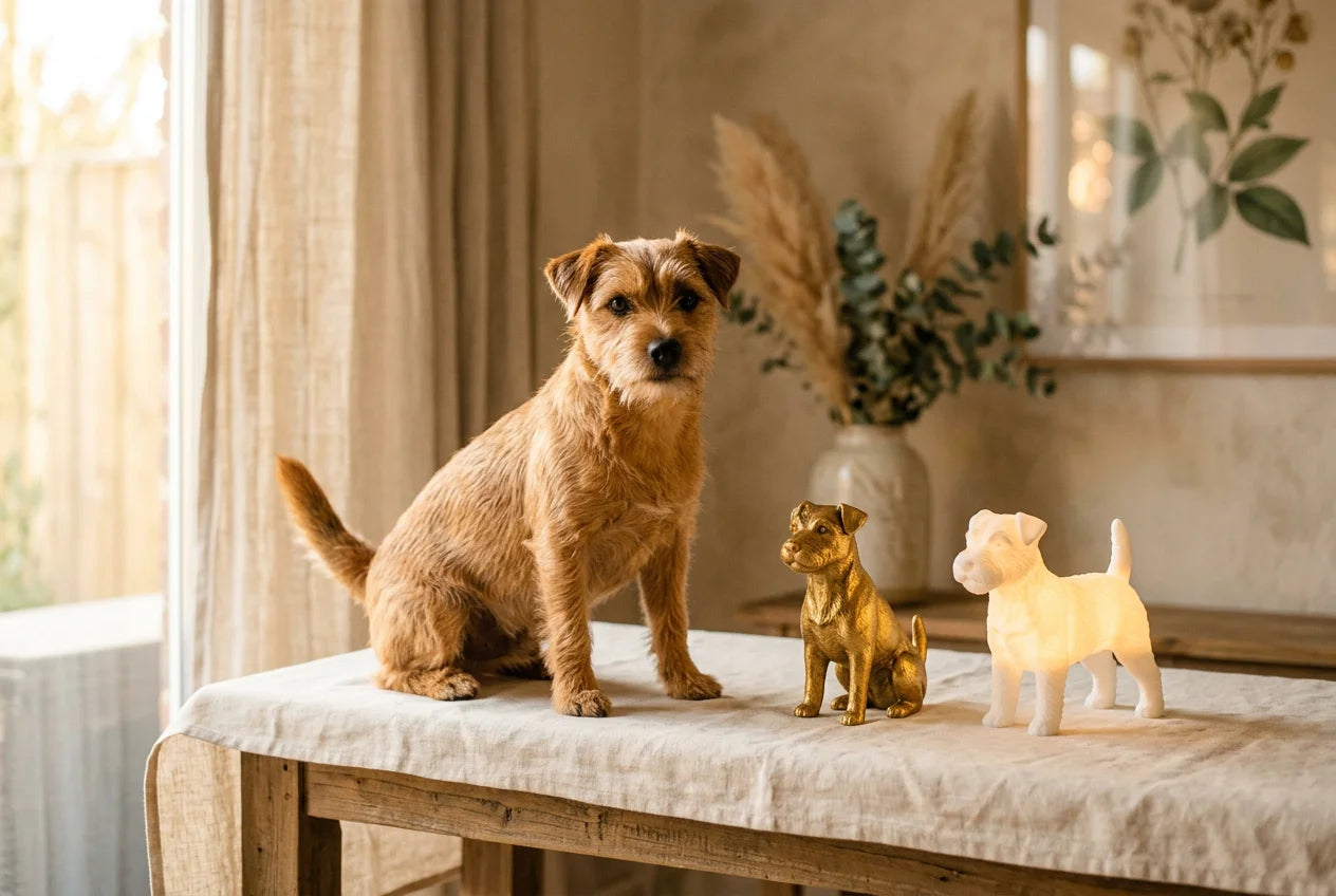Plummer Terrier dog in a warm editorial interior with handcrafted sculpture and luminary