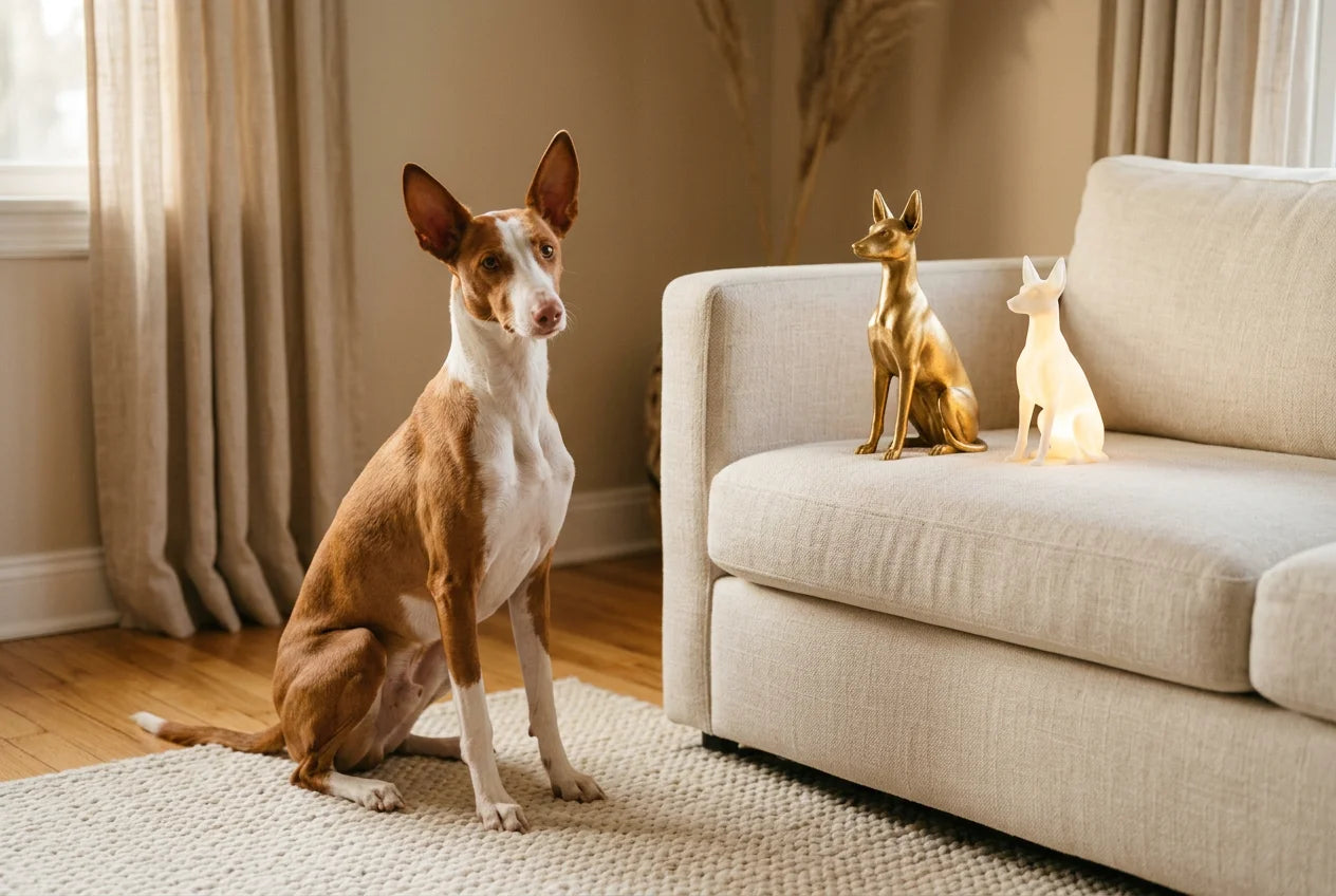 Podenco Canario dog in a warm editorial interior with handcrafted sculpture and luminary