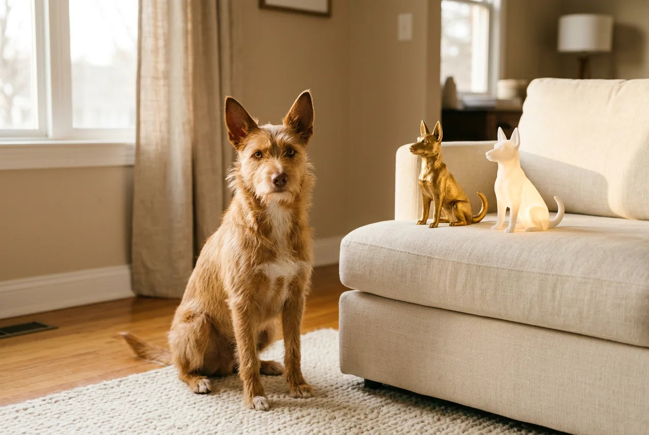 Podengo Portugueso Medio dog in a warm editorial interior with handcrafted sculpture and luminary