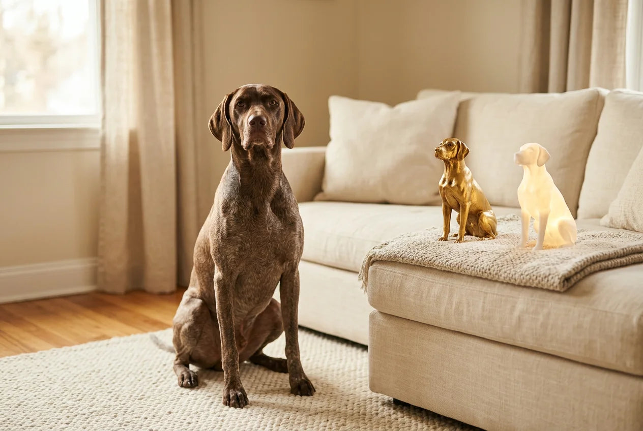 Pointador dog in a warm editorial interior with handcrafted sculpture and luminary
