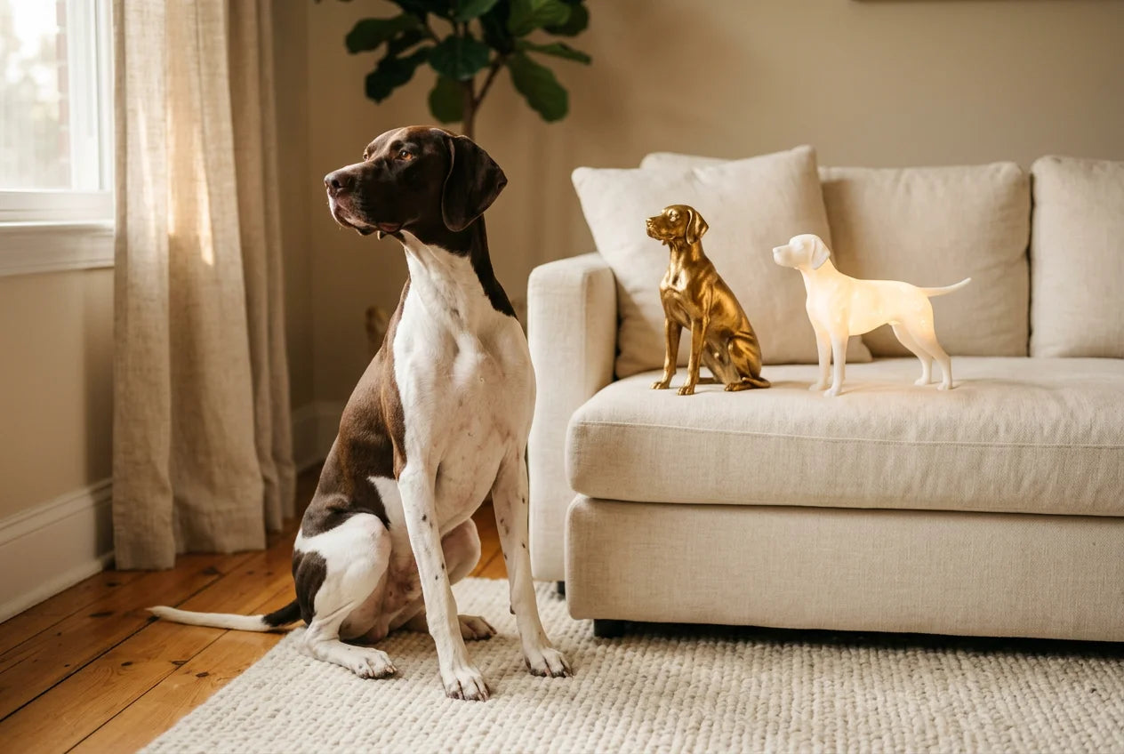 Pointer dog in a warm editorial interior with handcrafted sculpture and luminary