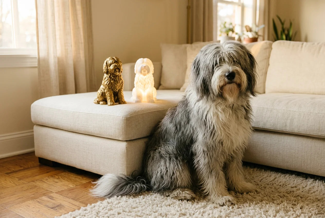 Polish Lowland Sheepdog dog in a warm editorial interior with handcrafted sculpture and luminary
