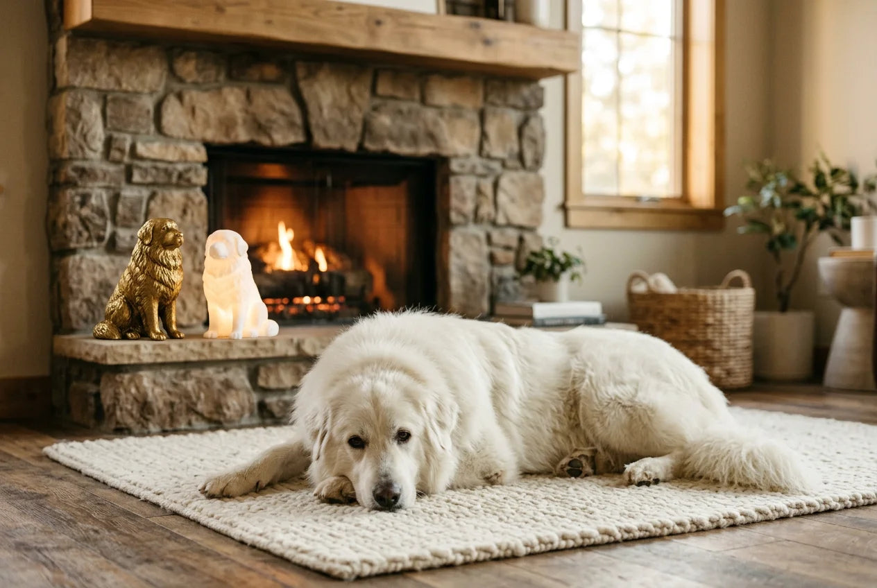 Polish Tatra Sheepdog dog in a warm editorial interior with handcrafted sculpture and luminary