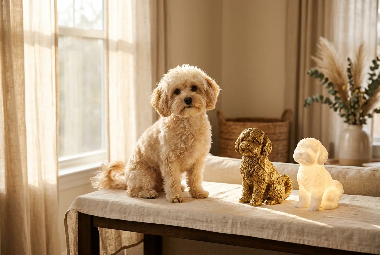 Pomapoo dog in a warm editorial interior with handcrafted sculpture and luminary