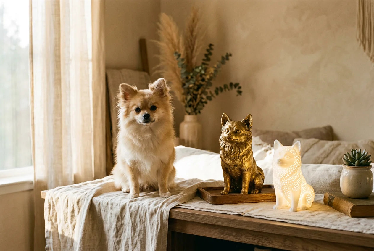 Pomchi dog in a warm editorial interior with handcrafted sculpture and luminary