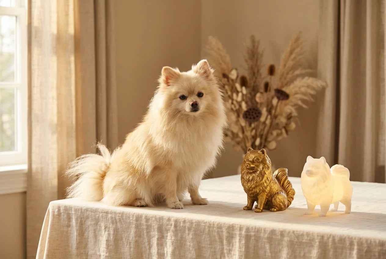 Pomeranian dog in a warm editorial interior with handcrafted sculpture and luminary
