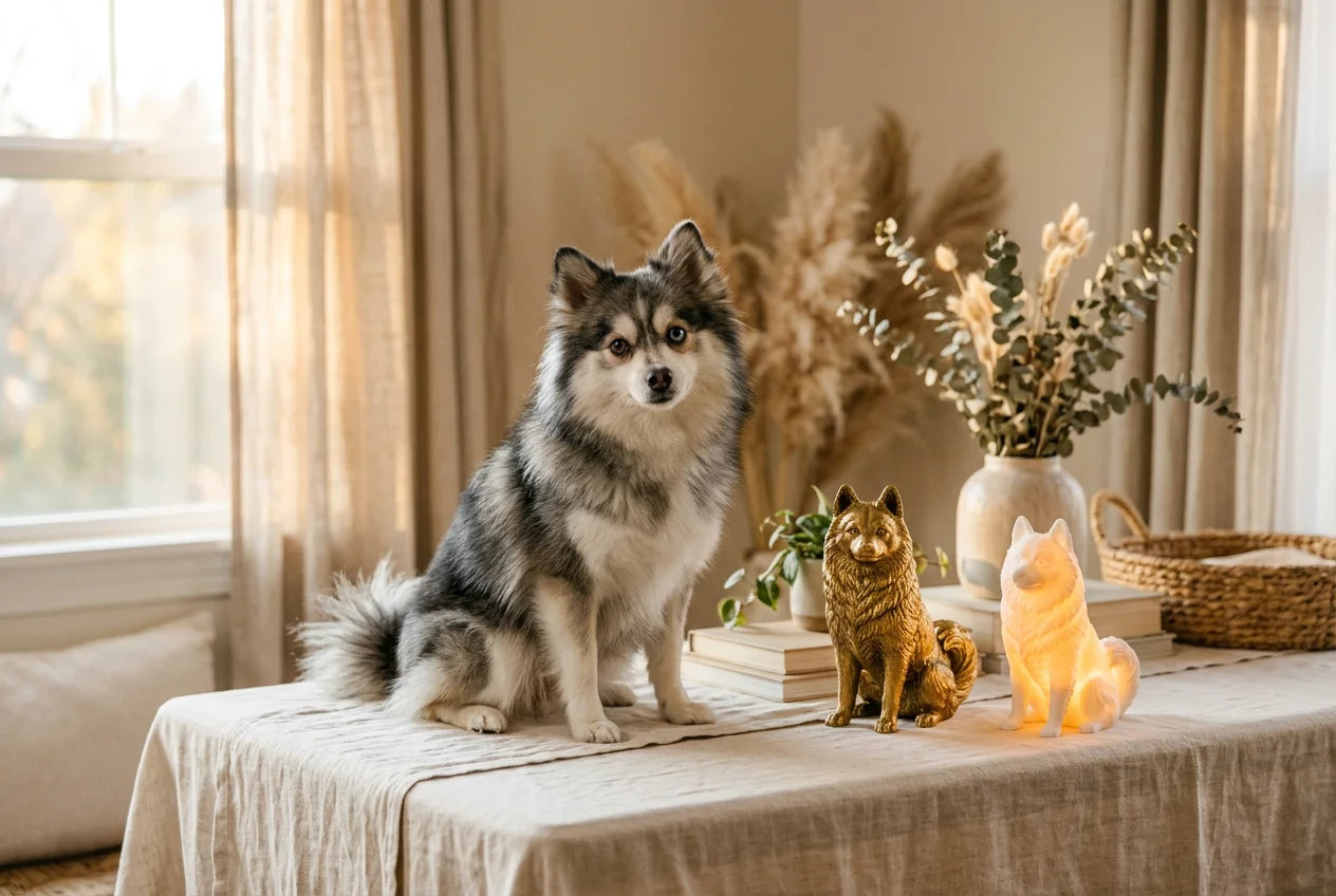 Pomsky dog in a warm editorial interior with handcrafted sculpture and luminary
