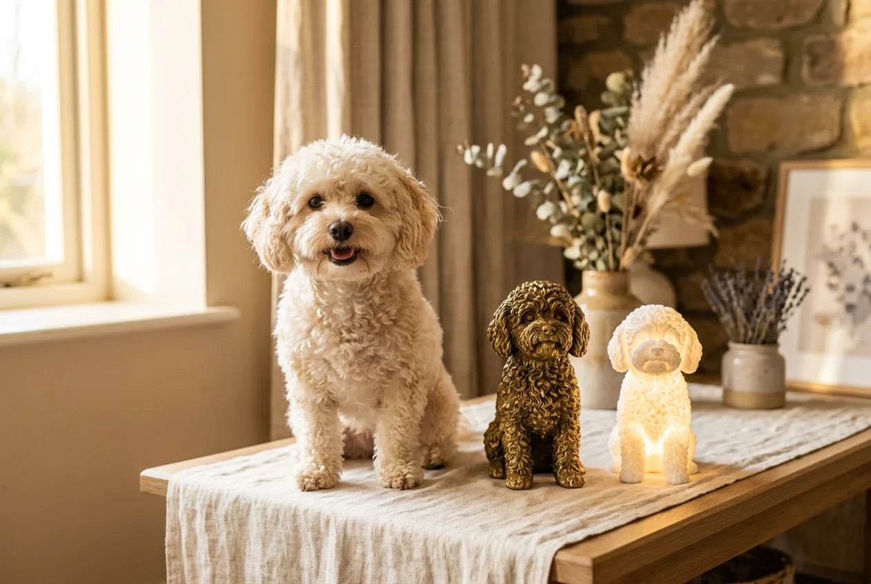 Poochon dog in a warm editorial interior with handcrafted sculpture and luminary