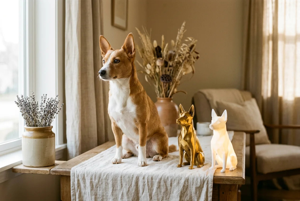 Portuguese Podengo dog in a warm editorial interior with handcrafted sculpture and luminary