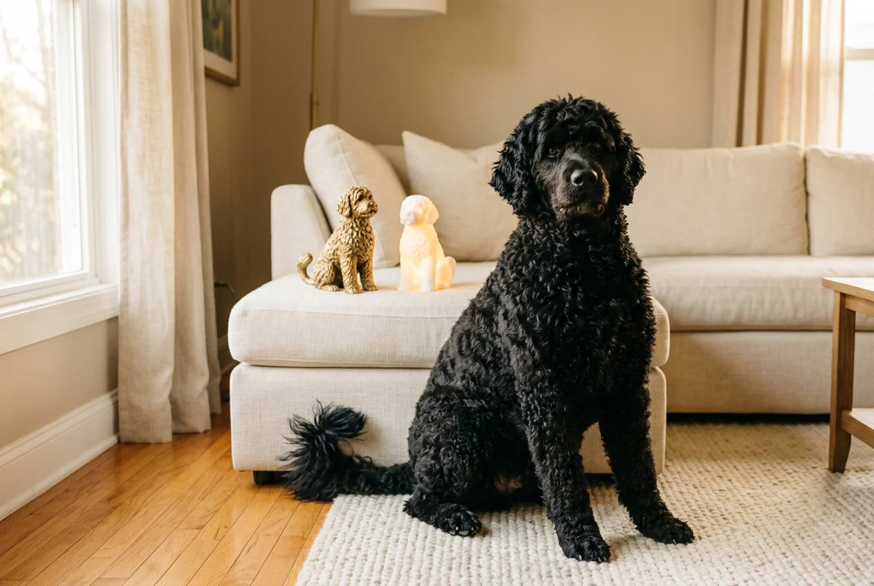 Portuguese Water Dog dog in a warm editorial interior with handcrafted sculpture and luminary