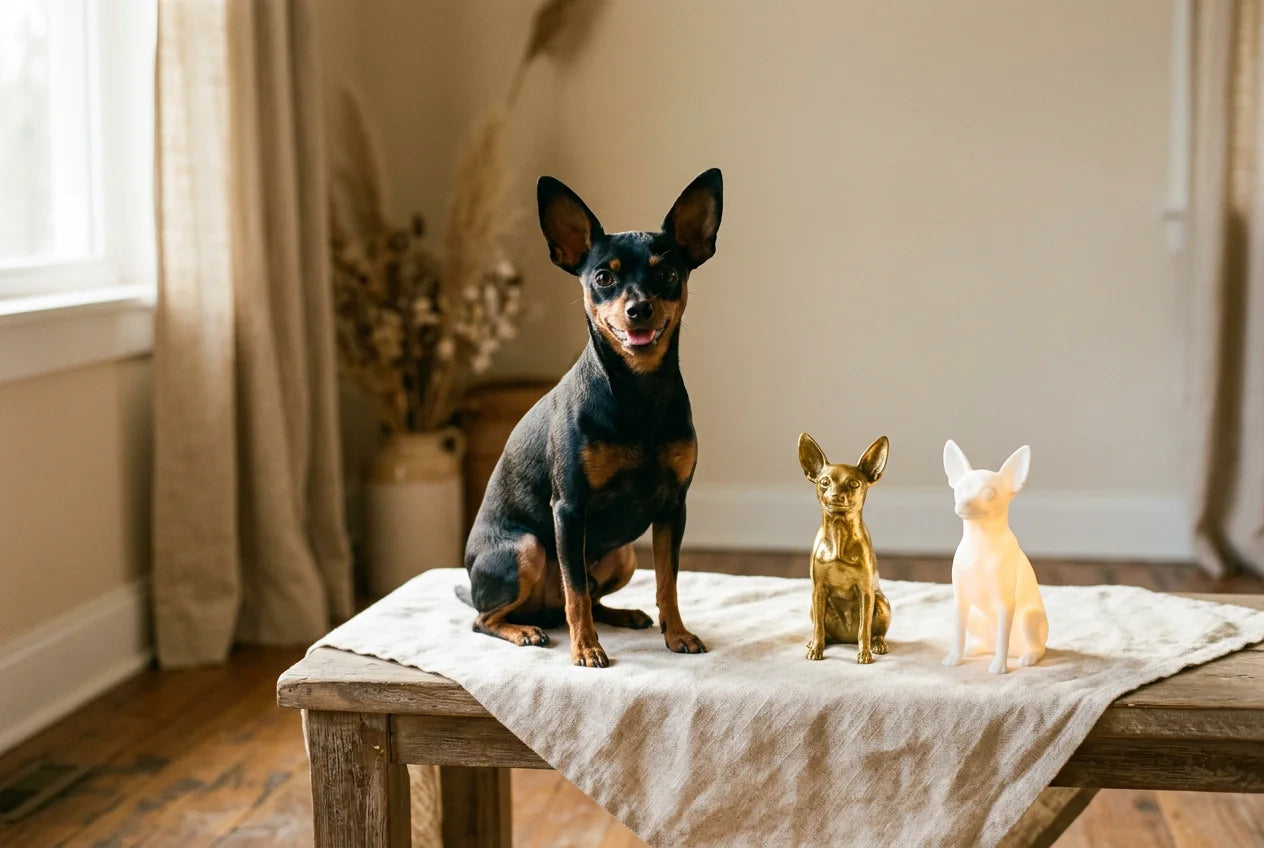 Prague Ratter dog in a warm editorial interior with handcrafted sculpture and luminary
