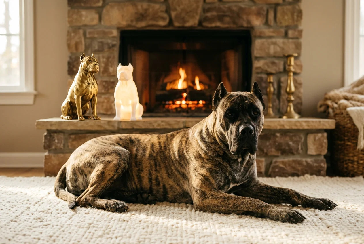 Presa Canario dog in a warm editorial interior with handcrafted sculpture and luminary