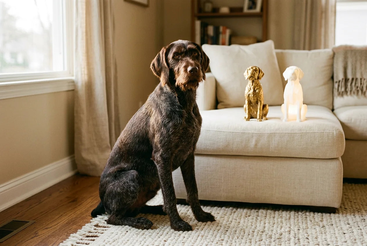 Pudelpointer dog in a warm editorial interior with handcrafted sculpture and luminary