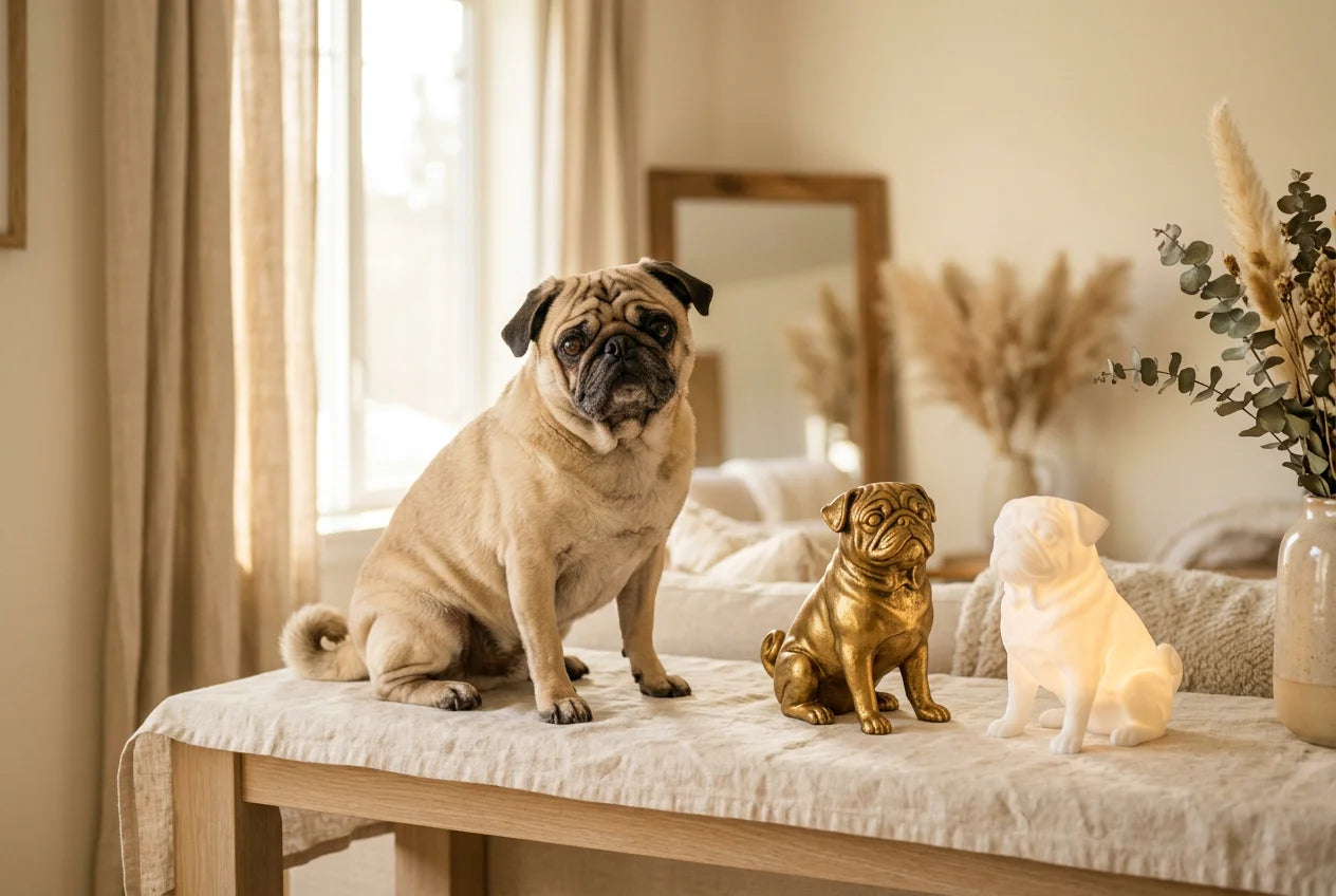 Pug dog in a warm editorial interior with handcrafted sculpture and luminary