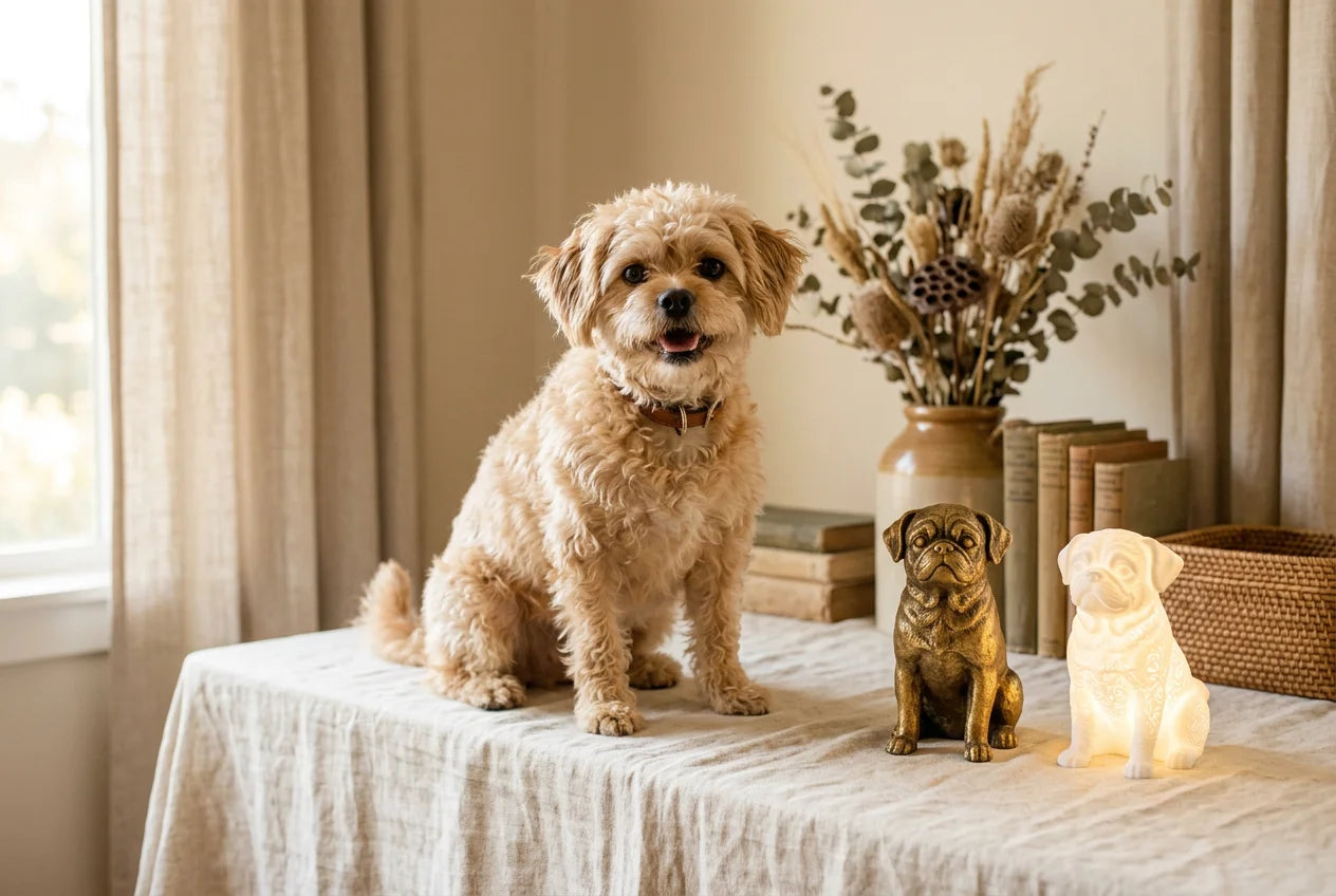 Pugapoo dog in a warm editorial interior with handcrafted sculpture and luminary