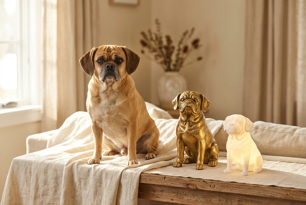 Puggle dog in a warm editorial interior with handcrafted sculpture and luminary