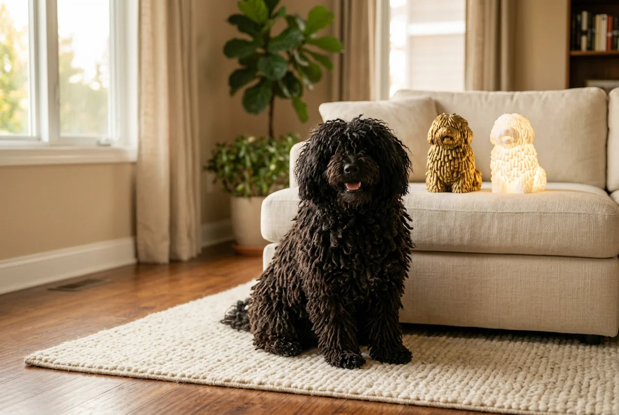 Puli dog in a warm editorial interior with handcrafted sculpture and luminary