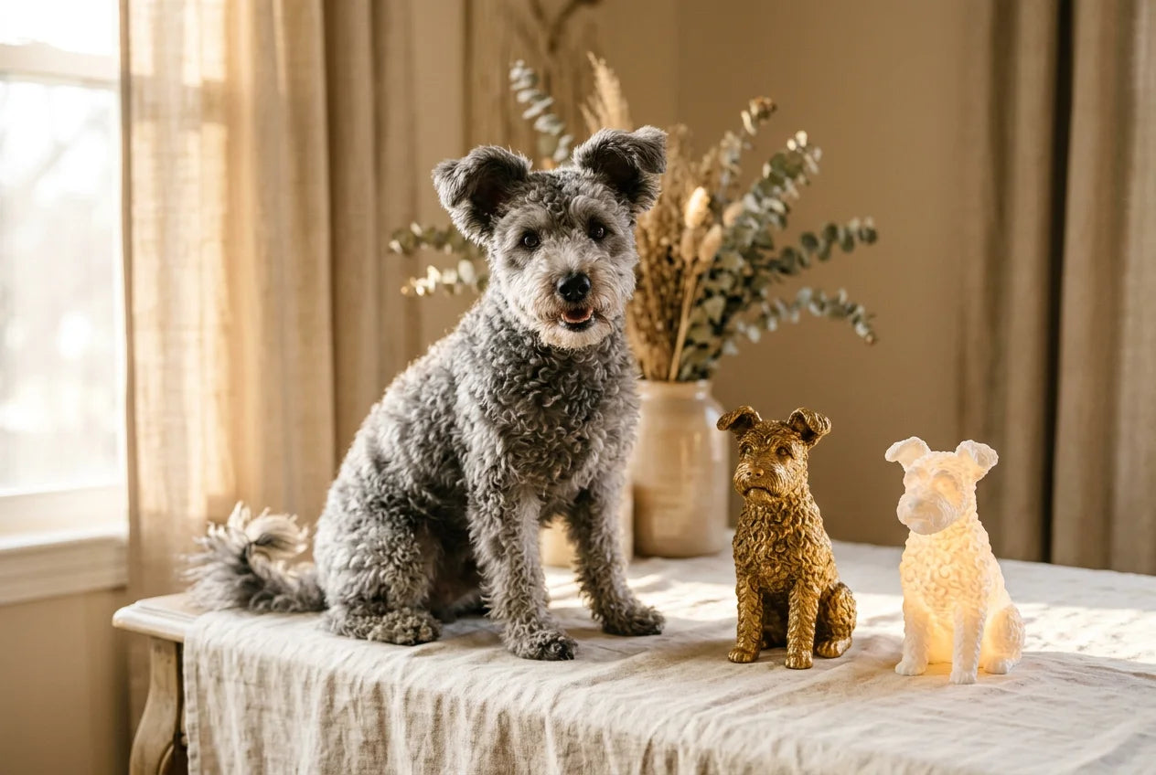 Pumi dog in a warm editorial interior with handcrafted sculpture and luminary