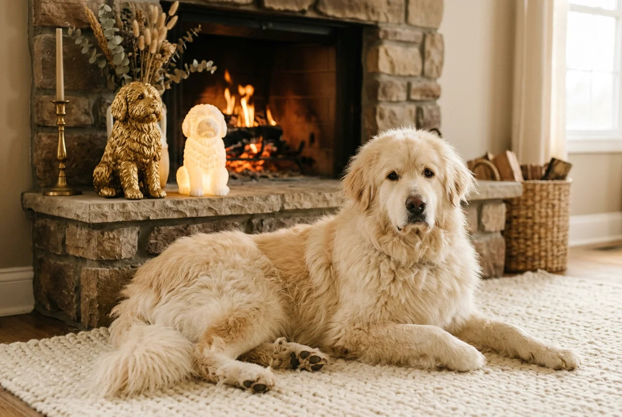 Pyredoodle dog in a warm editorial interior with handcrafted sculpture and luminary