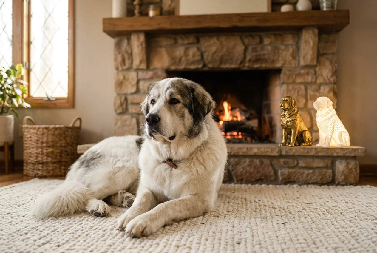 Pyrenean Mastiff dog in a warm editorial interior with handcrafted sculpture and luminary