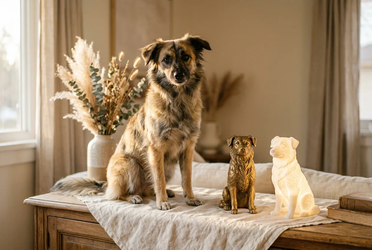 Pyrenean Shepherd dog in a warm editorial interior with handcrafted sculpture and luminary