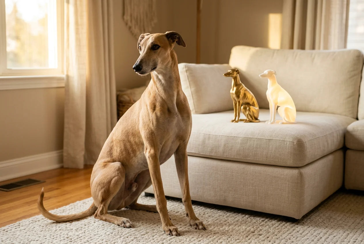 Rampur Greyhound dog in a warm editorial interior with handcrafted sculpture and luminary