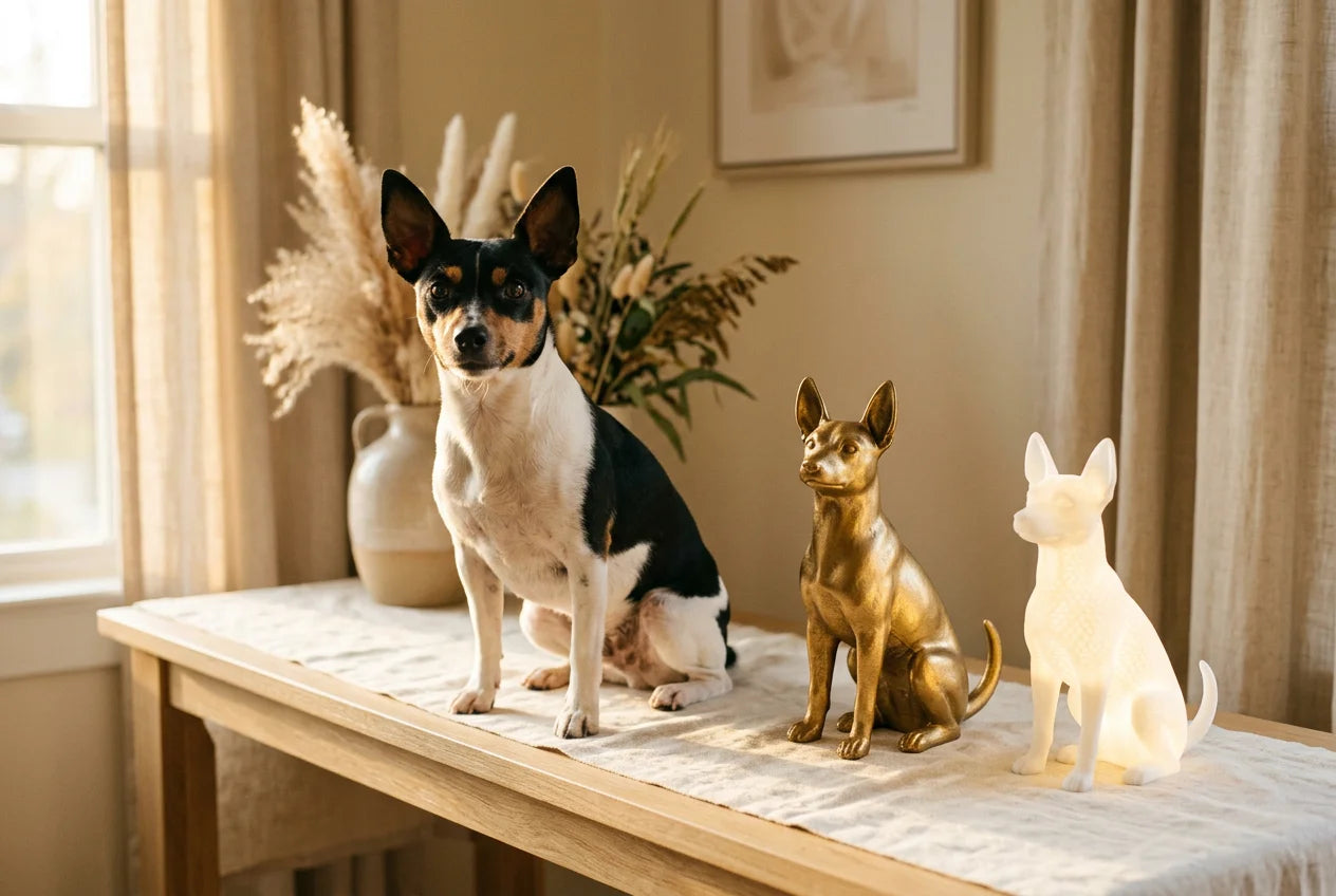Rat Terrier dog in a warm editorial interior with handcrafted sculpture and luminary