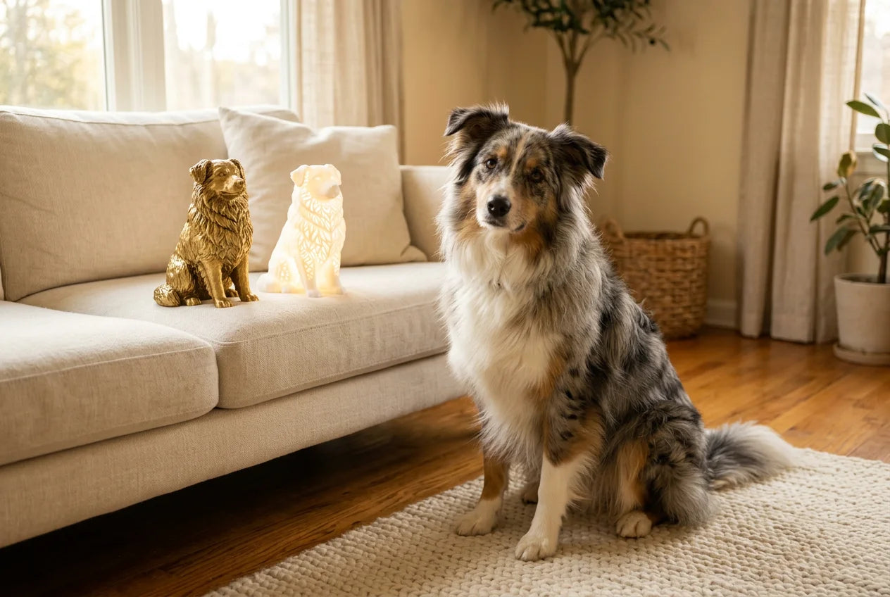 Raussie dog in a warm editorial interior with handcrafted sculpture and luminary
