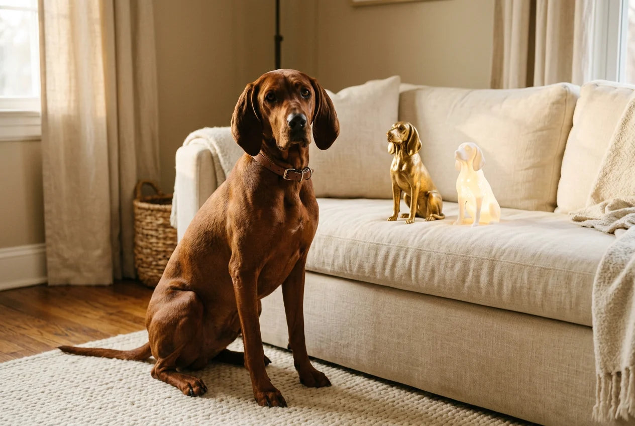 Redbone Coonhound dog in a warm editorial interior with handcrafted sculpture and luminary