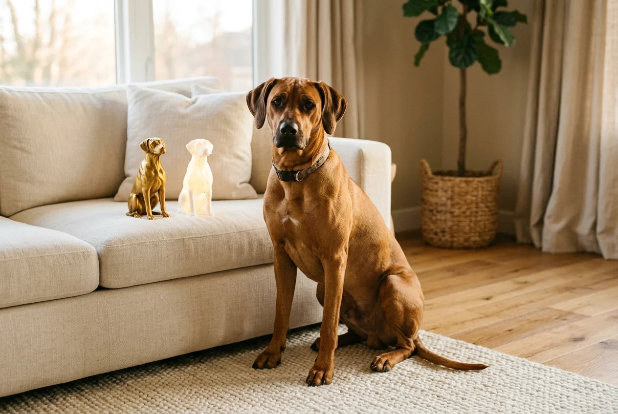 Rhodesian Ridgeback dog in a warm editorial interior with handcrafted sculpture and luminary