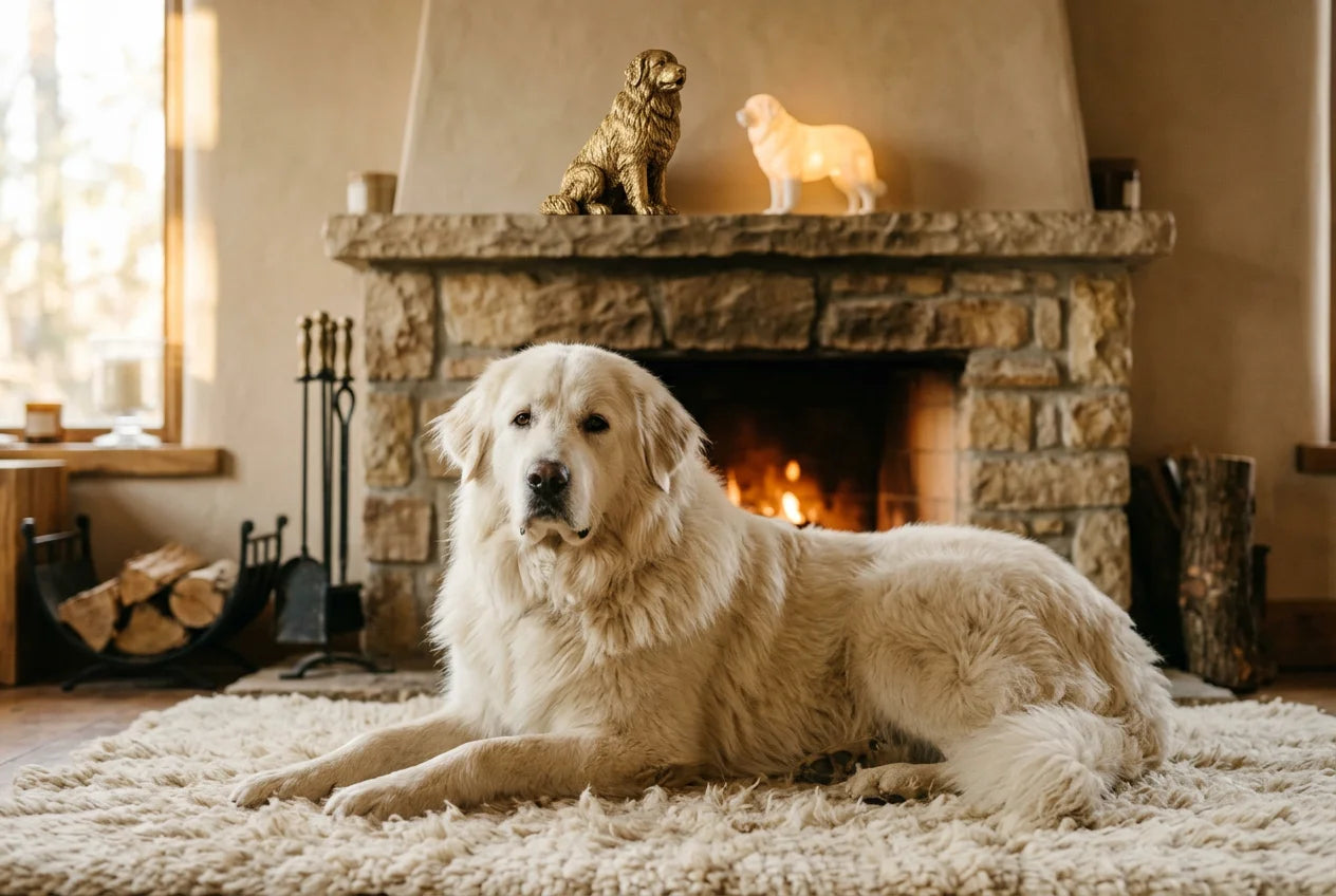 Romanian Mioritic Shepherd dog in a warm editorial interior with handcrafted sculpture and luminary