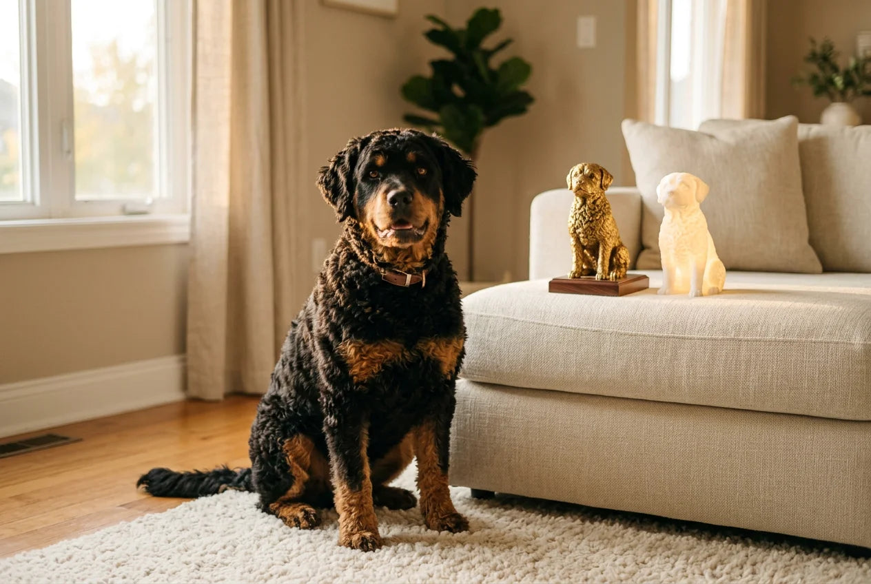 Rottie Poo dog in a warm editorial interior with handcrafted sculpture and luminary