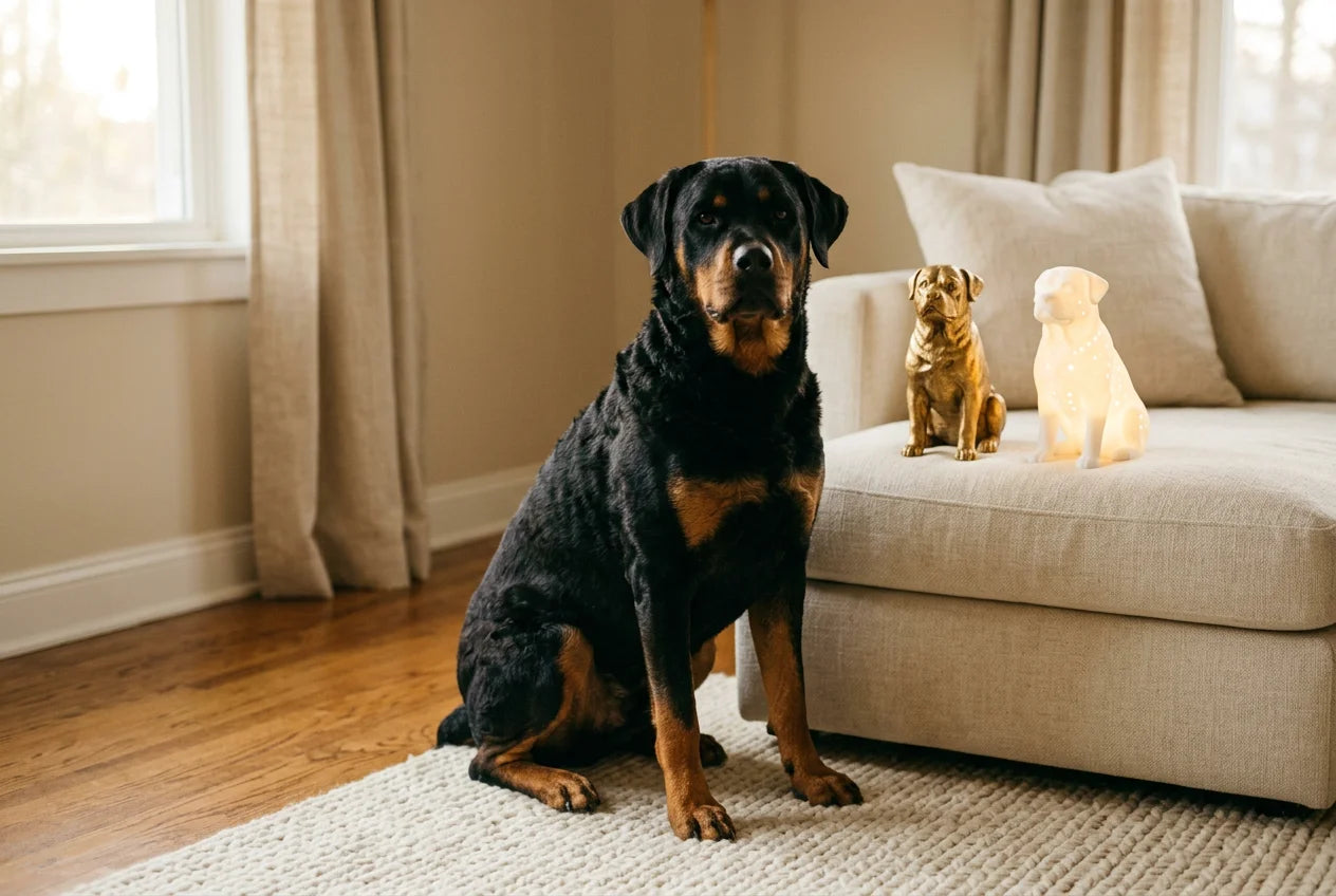 Rottle dog in a warm editorial interior with handcrafted sculpture and luminary