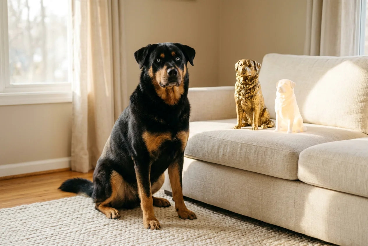 Rottsky dog in a warm editorial interior with handcrafted sculpture and luminary