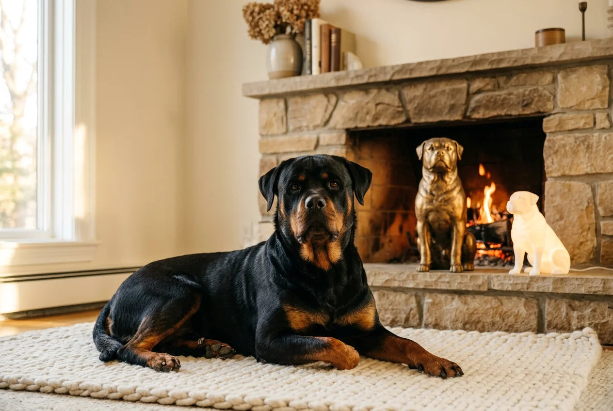 Rottweiler dog in a warm editorial interior with handcrafted sculpture and luminary