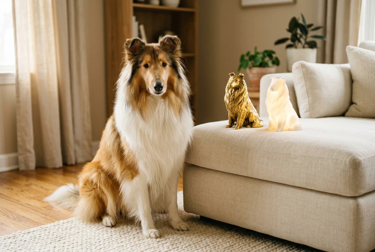Rough Collie dog in a warm editorial interior with handcrafted sculpture and luminary