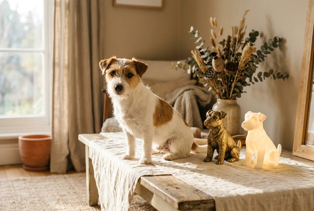 Russell Terrier dog in a warm editorial interior with handcrafted sculpture and luminary