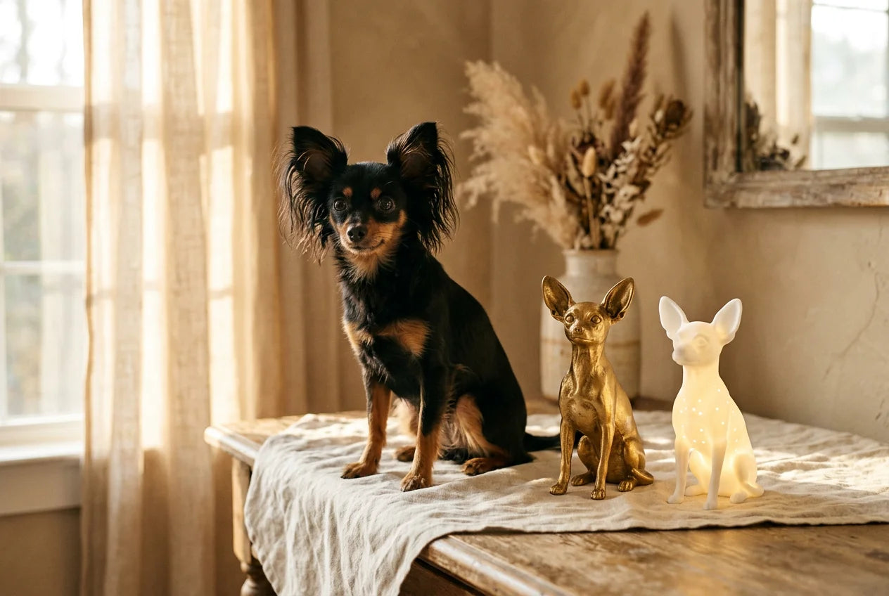 Russian Toy dog in a warm editorial interior with handcrafted sculpture and luminary