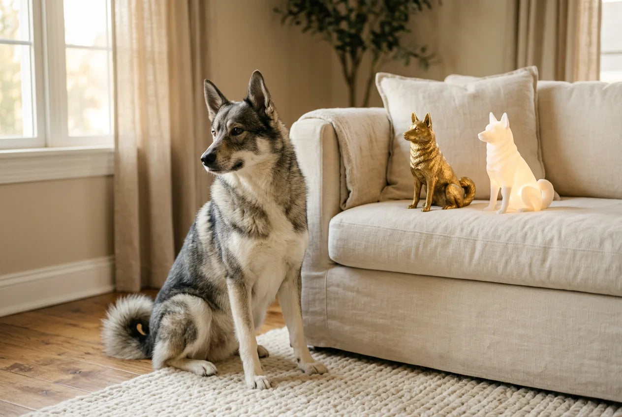 Russo-European Laika dog in a warm editorial interior with handcrafted sculpture and luminary