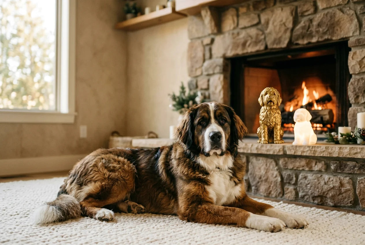 Saint Berdoodle dog in a warm editorial interior with handcrafted sculpture and luminary