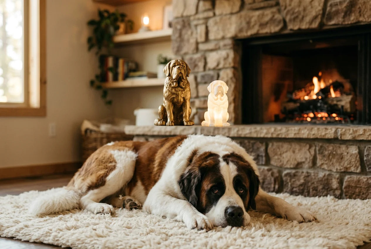 Saint Bernard dog in a warm editorial interior with handcrafted sculpture and luminary