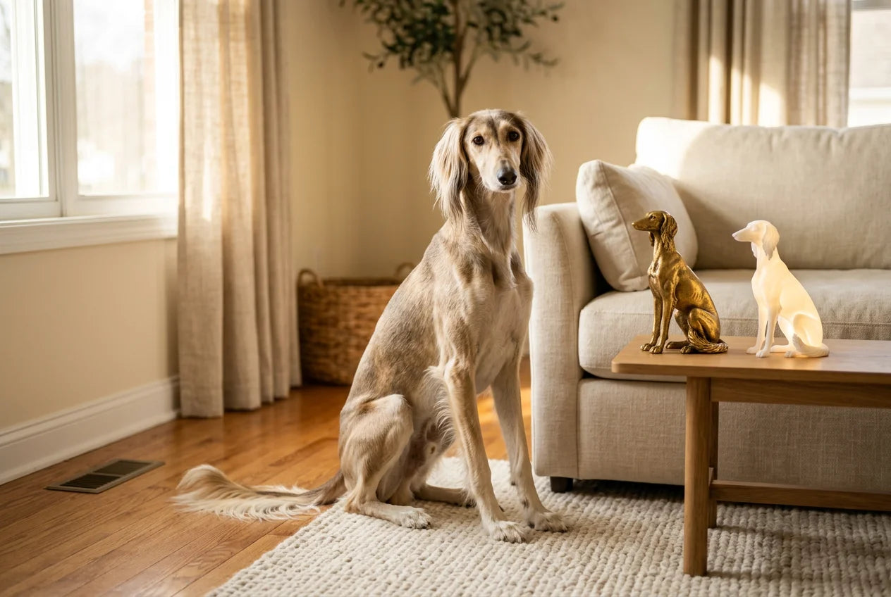 Saluki dog in a warm editorial interior with handcrafted sculpture and luminary